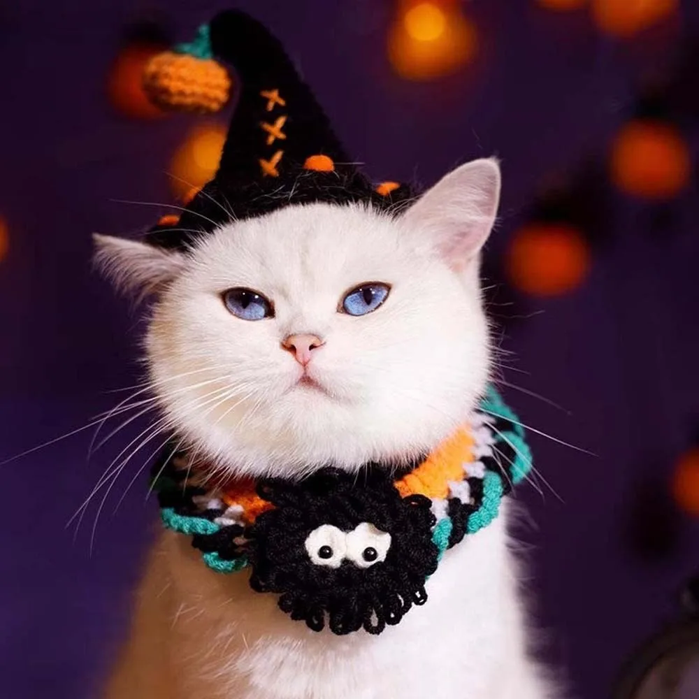 

Washable Breathable Halloween Pets Costumes Pumpkin Ghost Halloween Cat Headgear Tie Hollow Cat Woven Hat Bib Pet Accessories