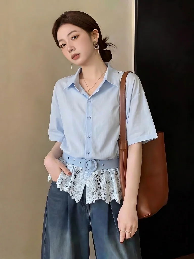 

Light Blue V-Neck Bell Sleeve Lace Hollow out Waist-Cinching Shirt for Women Summer New Style plus Size Korean Style Casual Wear