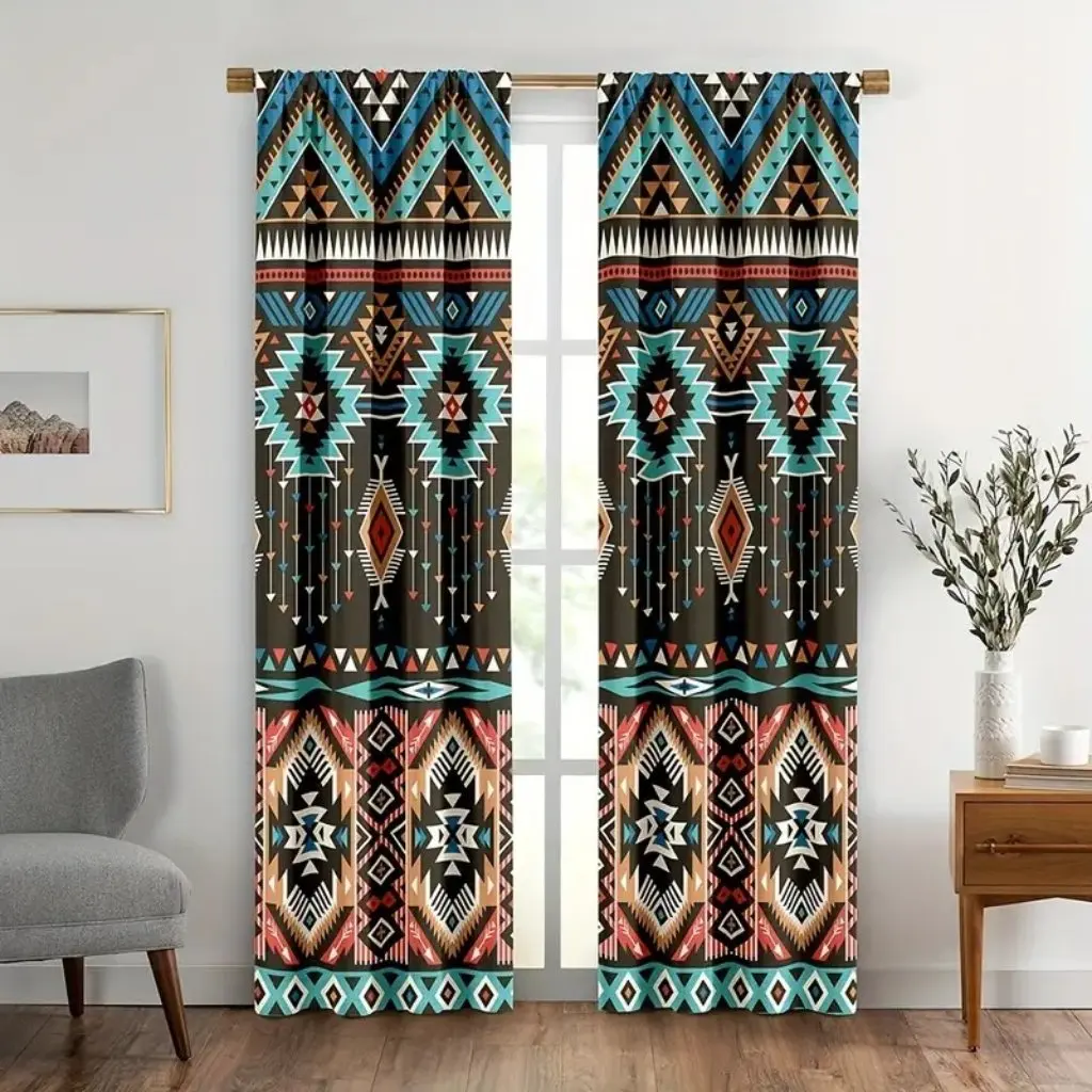 2pcs Boho Mandala Curtains - Ethnic Vintage Patterned Window Drapes for Bedroom and Living Room - Rod Pocket Design for Home