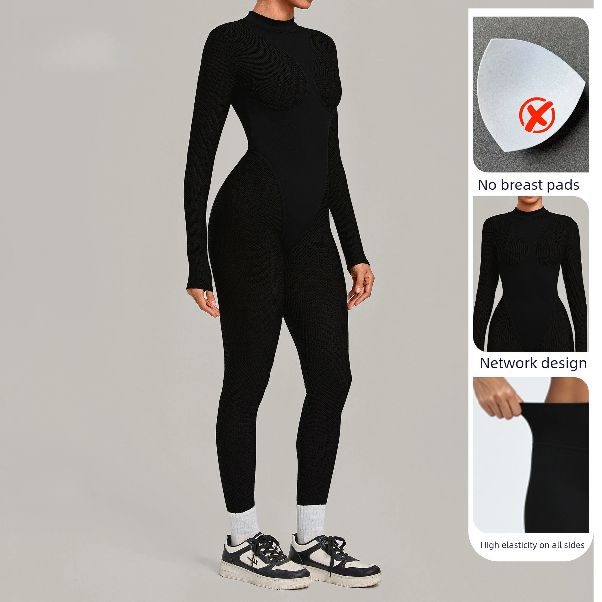 Women's Ribbed One Piece Workout Jumpsuit High Neck Long Sleeve Butt Lift Sport Bodysuit Gym Training Activewear No Chest Pads
