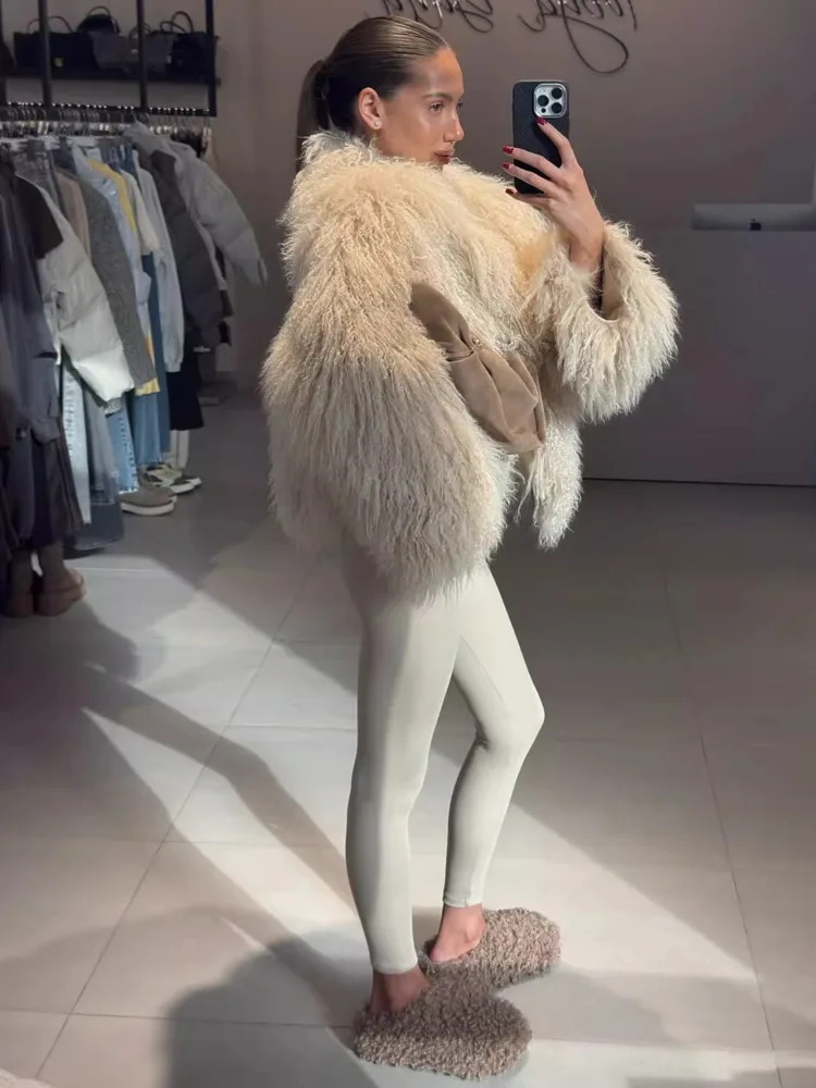 DFDG 2025 Women’s Spring Autumn Faux Fur Jacket Short Tan Lamb Cardigan Minimalist Casual Pile Coat Streetwear Warm Front Coat