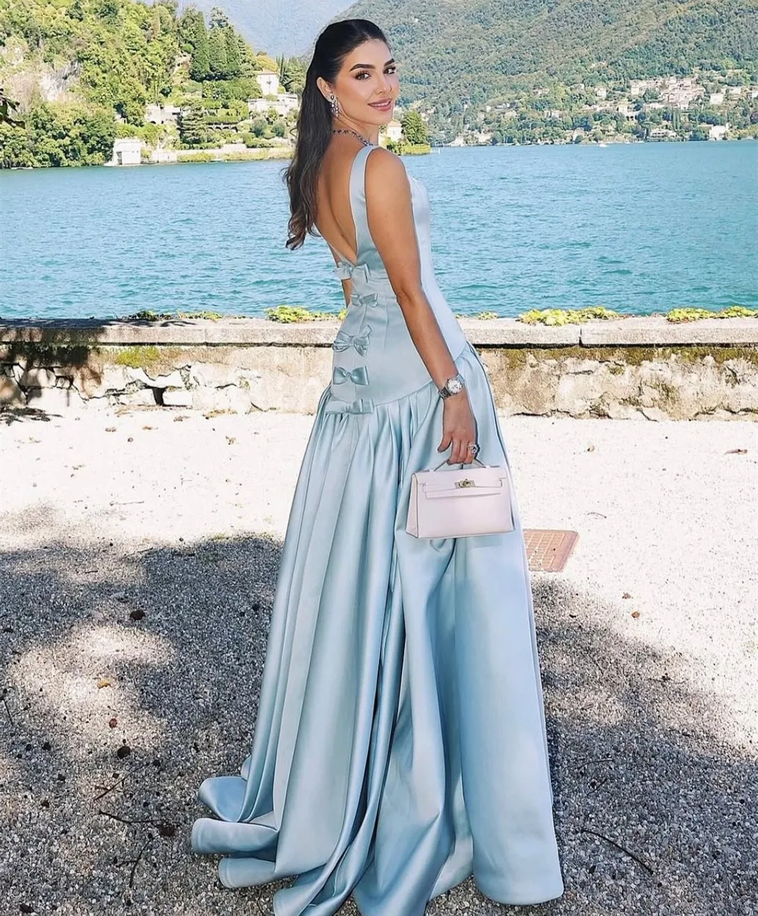 

Customized Long Satin Evening Dresses A-Line Square Neck Pleated Watteau Train فساتين الحفلة Prom Dress for Women