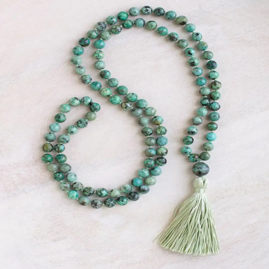 

Natural African Turquoise 108 Beads Mala Necklace with Sage Tassel Spiritual Meditation Jewelry