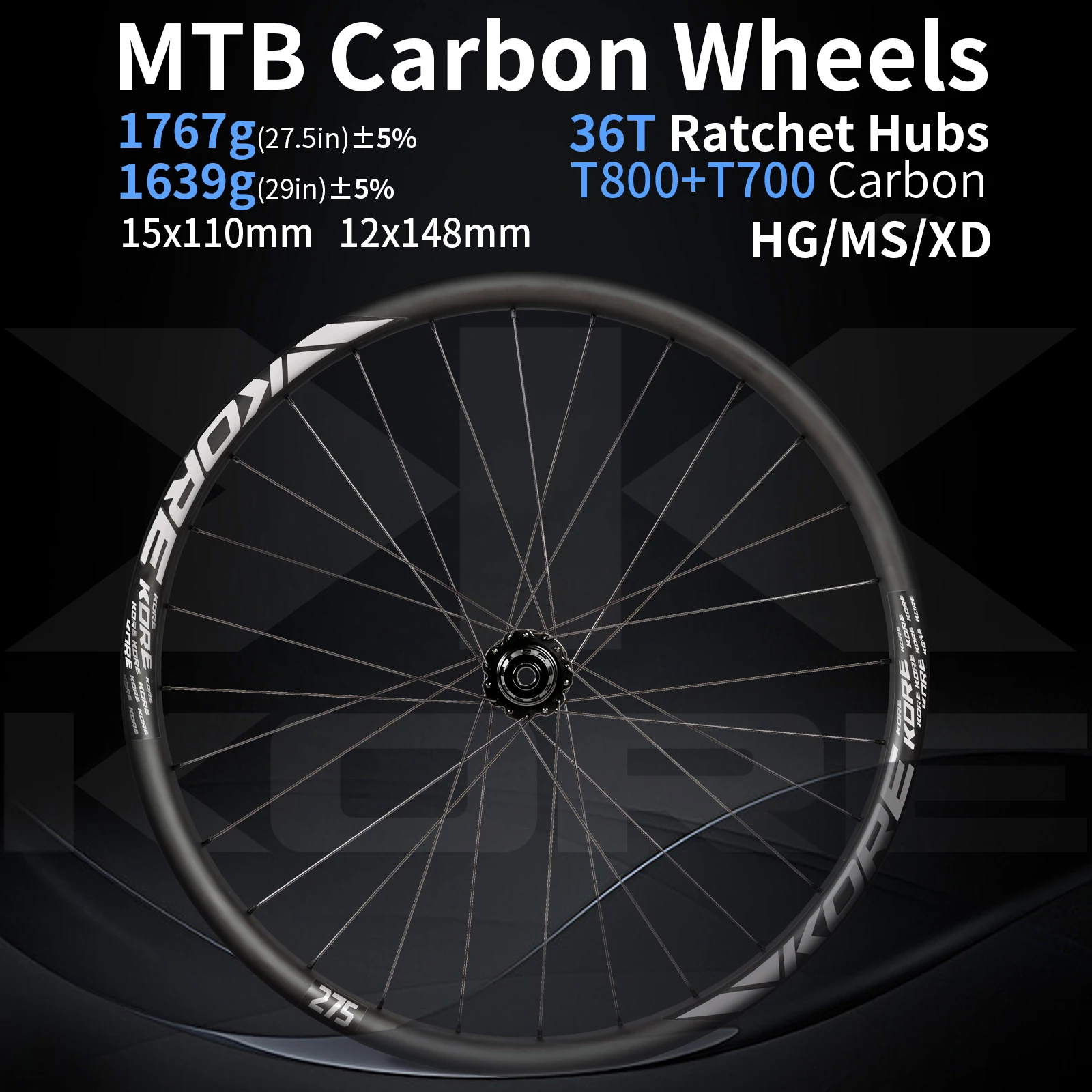 KORE MTB Carbon Wheelset 27.5/29in 36T Ratchet HG Hub Vacuum Tyres BOOST 28H 30/36mm Width, for Enduro/Downhill MTB Wheelset