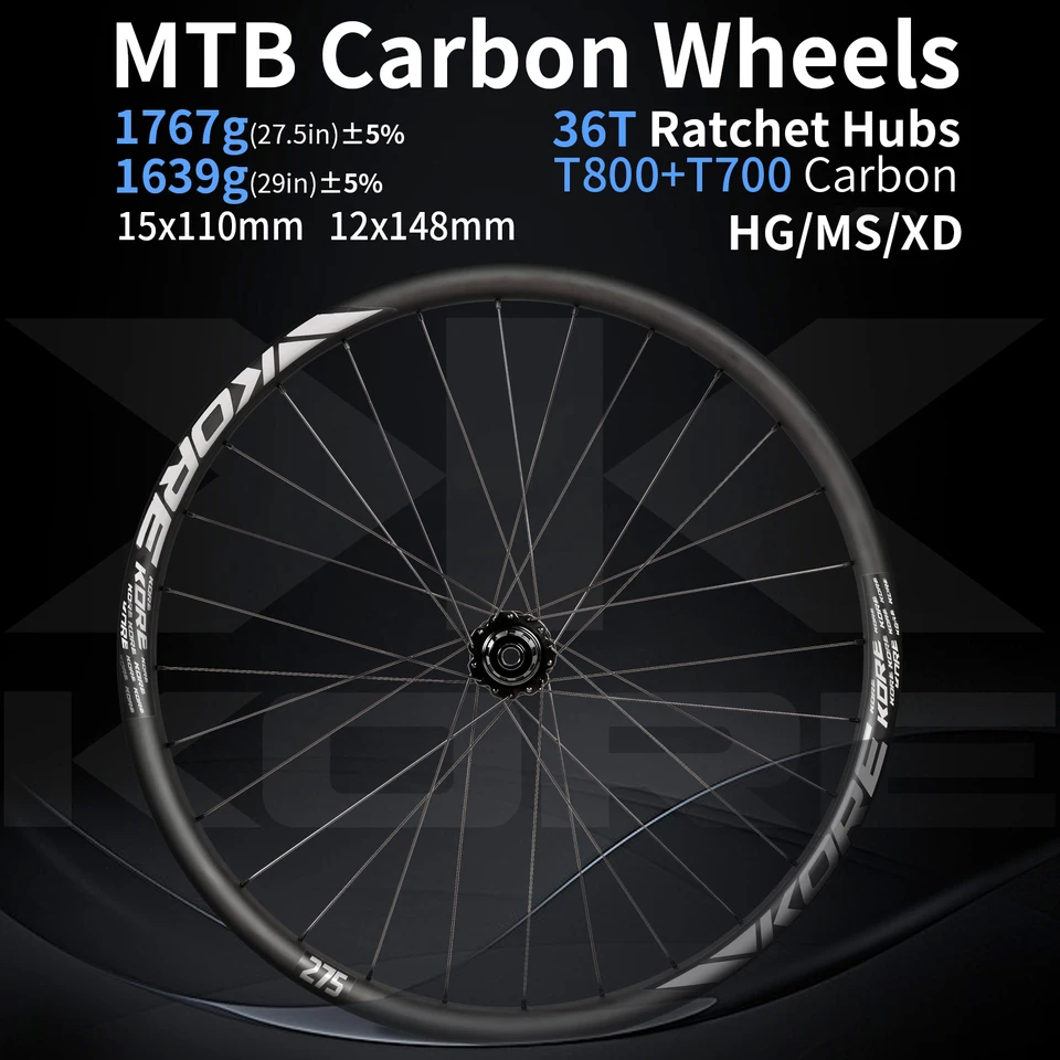 KORE MTB カーボンホイールセット 27.5/29インチ 36T ラチェット HG