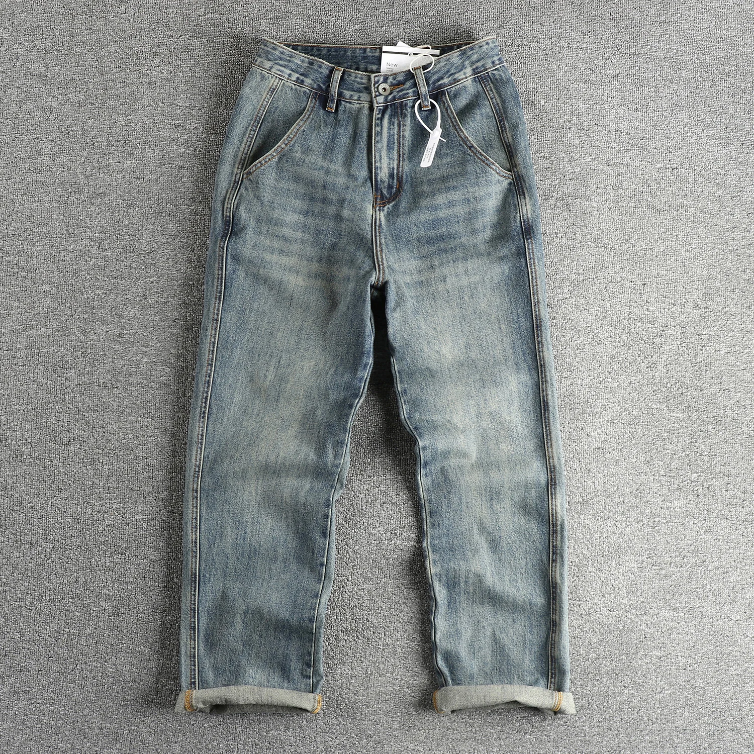 

Spring new double bone edge design American retro loose straight leg jeans men washed to make old retro blue pants