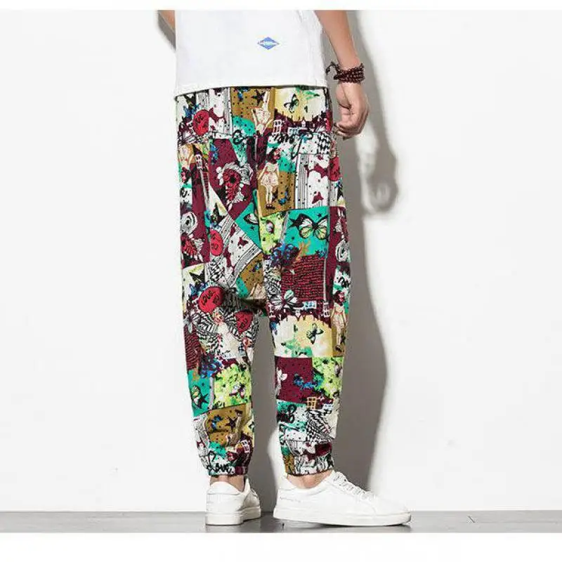 Colorful Tribal Print Cross Pants for Men Geometric Patchwork Drop Crotch Joggers with Ankle Cuffs Relaxed Fit Boho Streetwear
