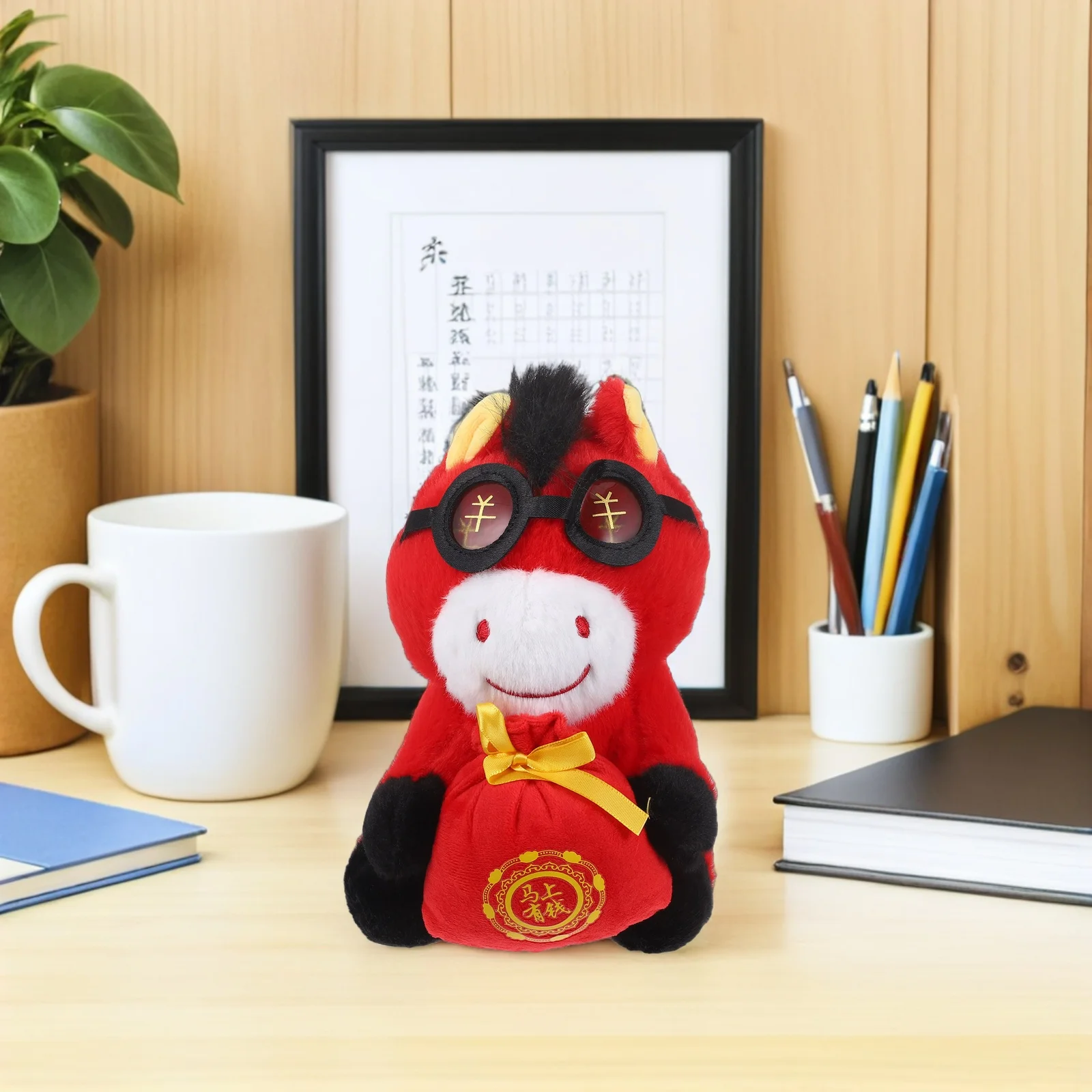 Cheval en peluche cheval rouge du nouvel an chinois 2026, mascotte du zodiaque, décor de fête pour canapé, voiture, bureau, cheval en peluche