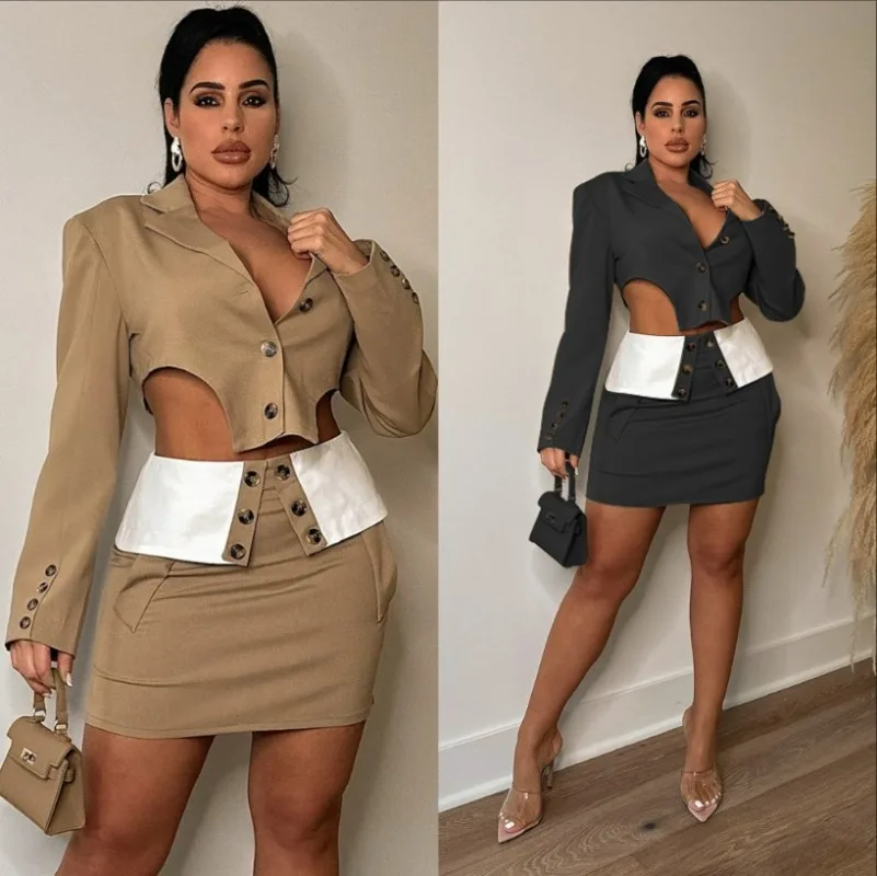 

2024 Autumn Color Patchwork Elegant 2 Piece Set Women Long Sleeve Single Breasted Asymmetrical Blazer Crop Top + Mini Skirts