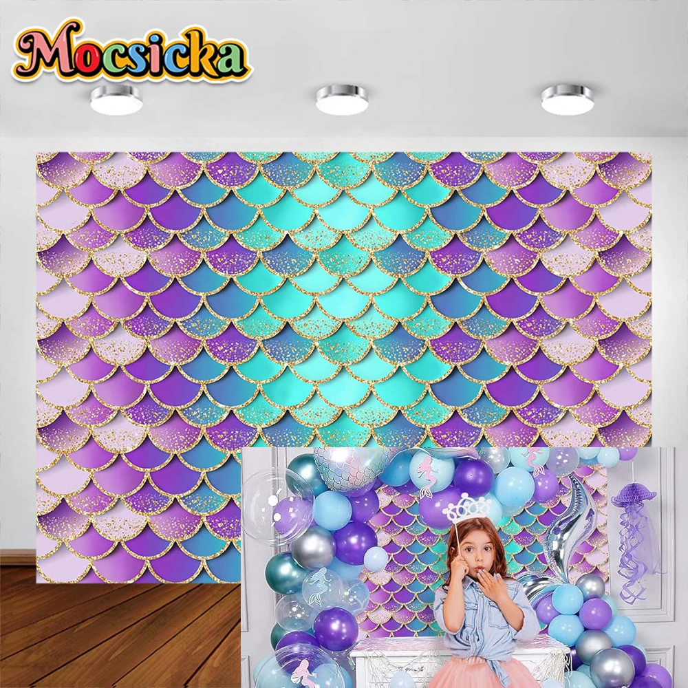 

Mermaid Birthday Glitter Scales Backdrops Kids Party Decor Girls Princess Baby Shower Photo Background Purple Aqua Green Shell