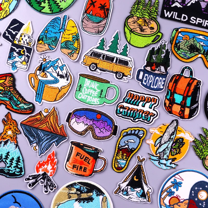 Camping Travel Adventure Glasses Patch Iron On Embroidered Patches For Clothing Mountain Patches On Clothes Sewing Patch Decor