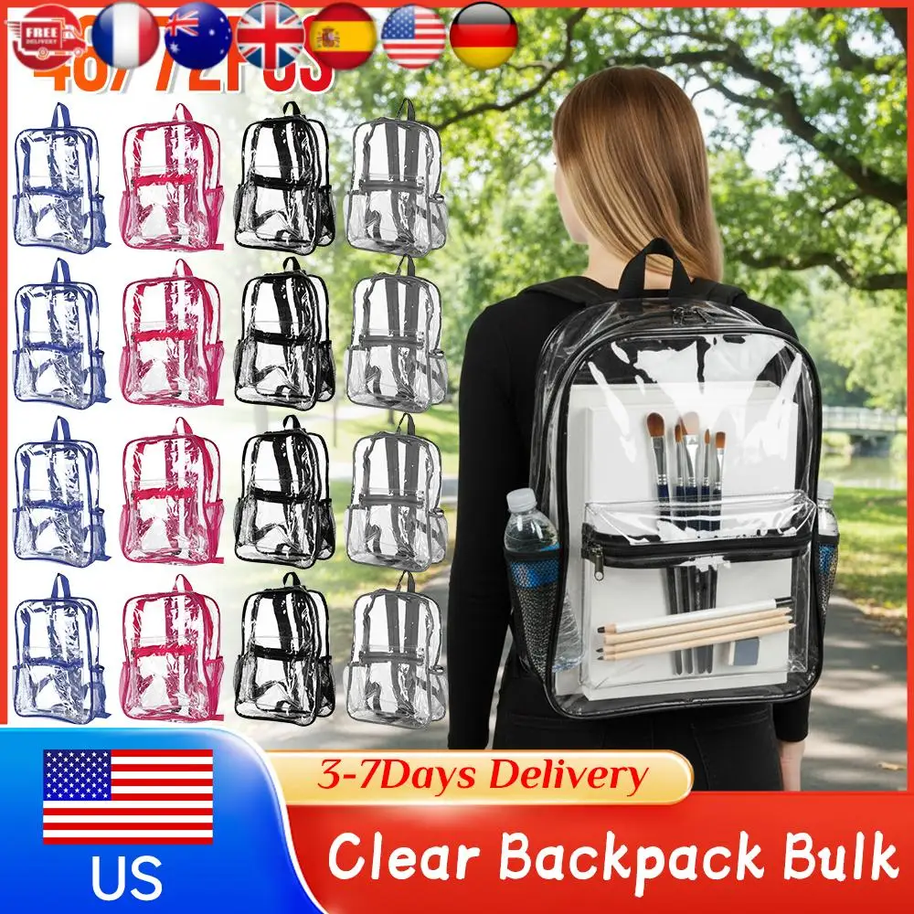 

48/72PCS Heavy Duty Clear PVC Backpack 15 Inch Transparent Bookbag Stadium Approved Large Capacity for School Travel Work Sport