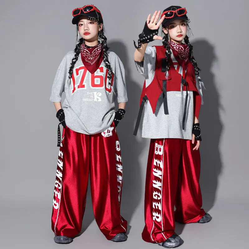 

2026 Girl Jazz Dance Clothes Street Dance Show Costume Gray Top Red Pants Hip Hop Trousers Children Performance Stage Wear 3684