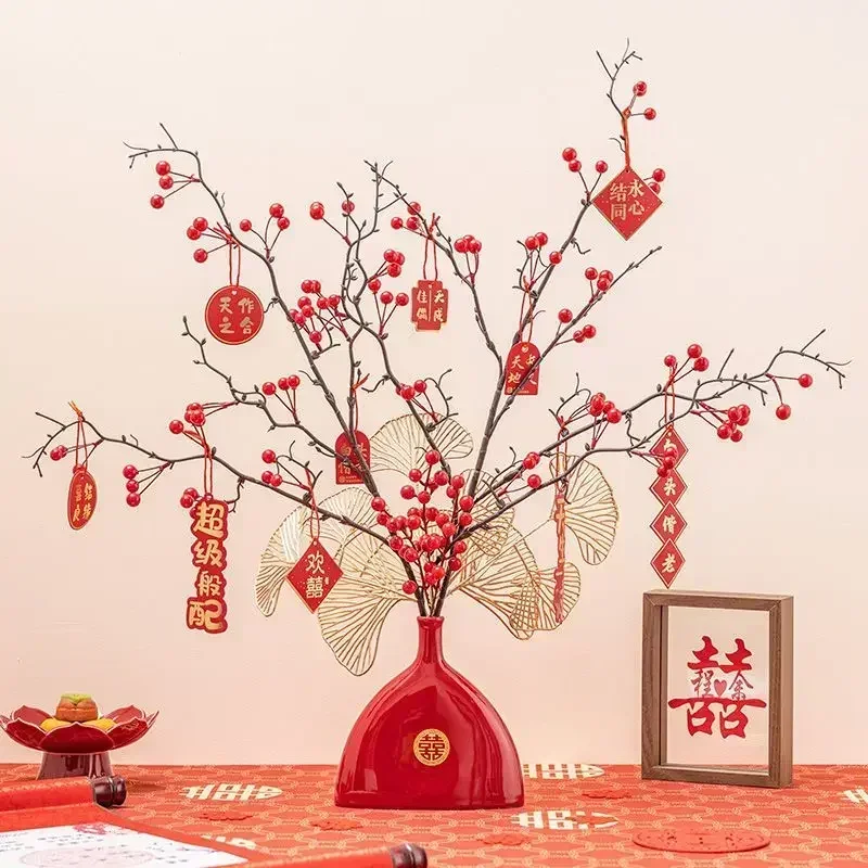 Simulation Red Fruit Ceramic Vase Decoration Wedding Opening New Year Furnishing Crafts Home Coffee Table Ornaments Accessories