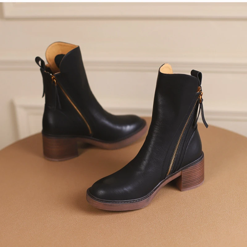 

High Heel Ankle Boots for Women Leather Short Boots Round Toe Chunky Heel Boots Side Zipper Ankle Boot Nwe Female Platform Heel