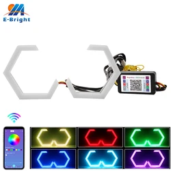 2 pçs led anjo olhos rgb app bluetooth hexágono halo anéis para carro scooter motocicleta com sinal de volta amarelo 70mm 80mm 86mm 90mm