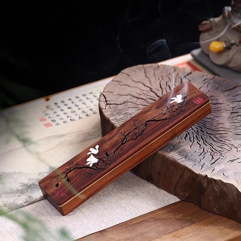 1 Set Wooden Zen Style Yulan Magnolia Incense Box Solid Wood Incense Burner for Tea Ceremony Home Decoration Gift