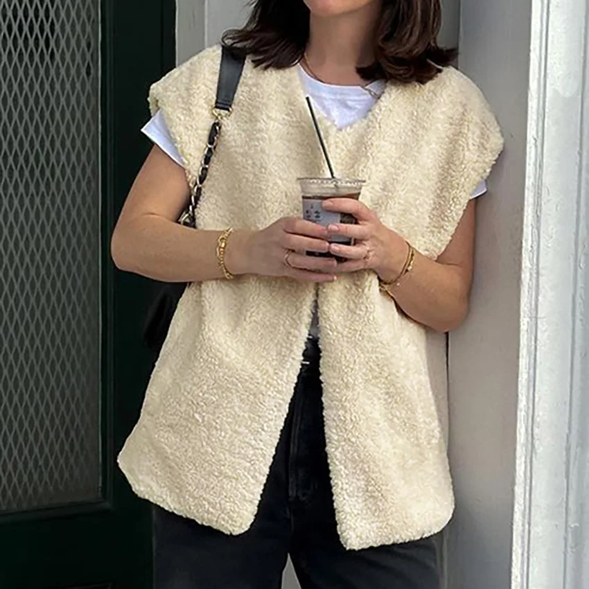 

Women's Elegant Solid Lamb Wool Vest Cardigan Fashion Casual V-neck Sleeveless Waistcoat with pocket 2024 Autumn Lady Streetwear