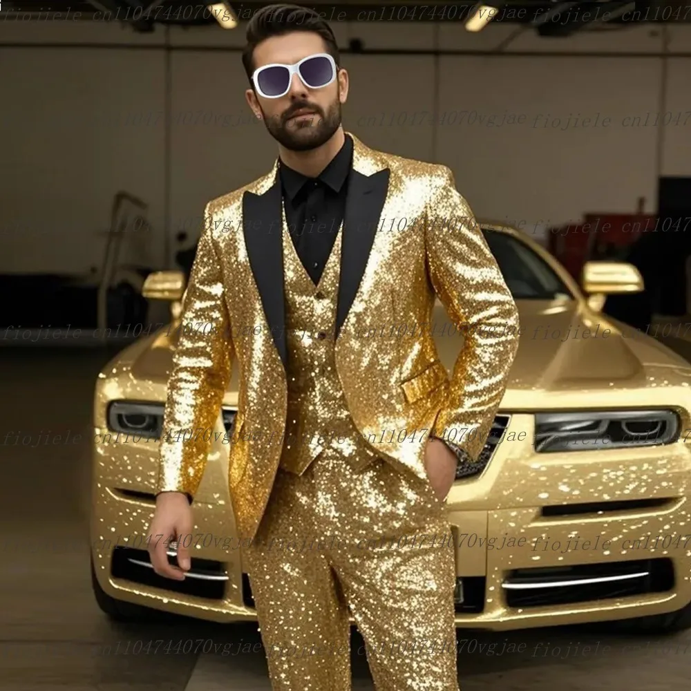 

New Black Collar Gold Sequin Men Suit Formal Wedding Party Groom Business Male Tuxedos Customized 3 Piece Set Jacket Vest Pants