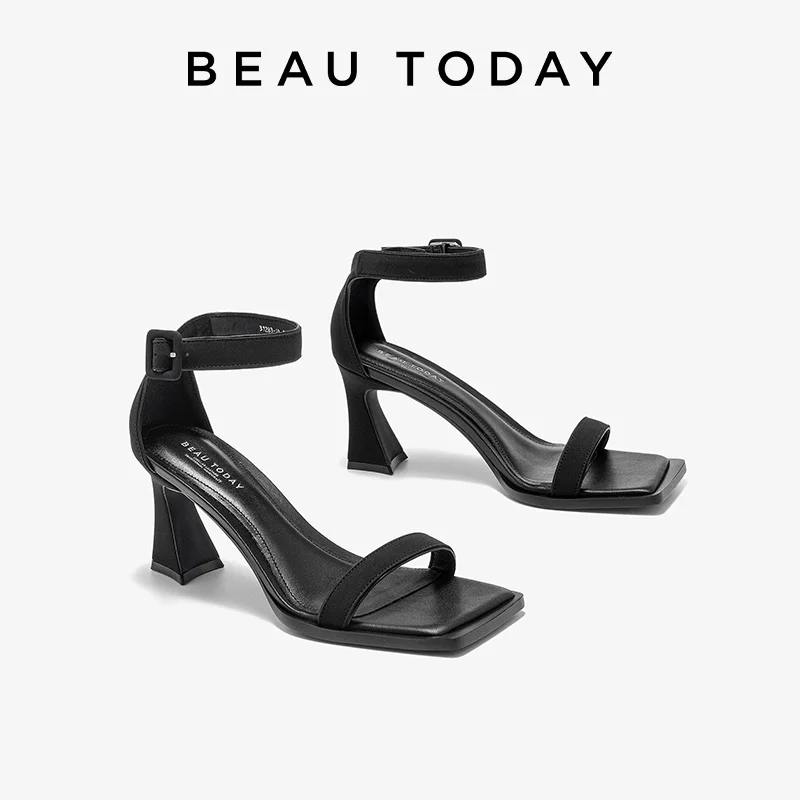 BEAUTODAY Modern Sandals Women Fabric Solid Color Square Toe Elegant High Heel Pumps Buckle Strap Ladies Shoes Handmade 31283