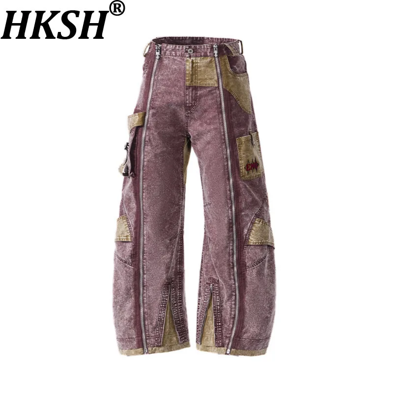 

HKSH Spring Autumn New Men Trendy Casual Design Irregular Heavy Embroidered Pocket Zipper Color Block Cotton Denim Pants HK16384