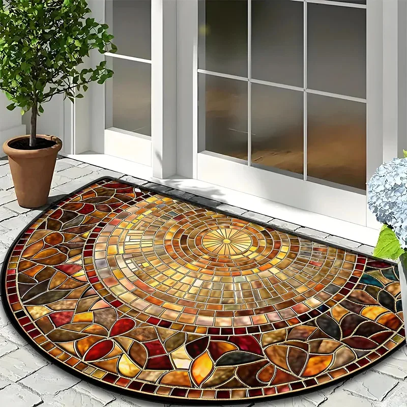 VIKAMA Semi-Circular Crystal Velvet Doormat, Arched Non-Slip Absorbent Entrance Mat For Porch, Front Door Water-Absorbing Rug