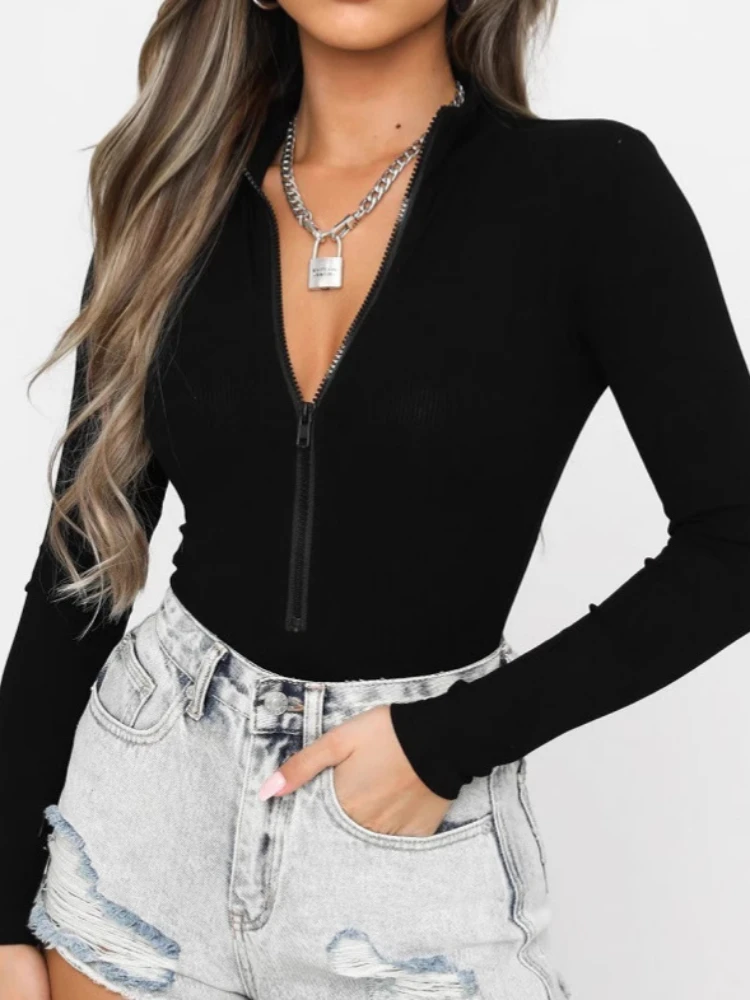 

Женская весенняя модная сексуальная футболка в стиле Instagram с длинным рукавом и v-образным вырезом на молнии, женский облегающий повседневный топ High Street