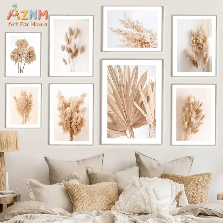 AZNM Neutral Boho Dried Pampas Grass Canvas Wall Art Beige Botanical Plant Print Unframed Canvas Painting for Living Room Home D