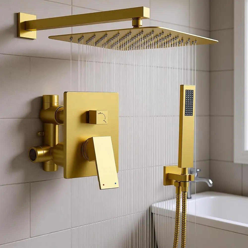 

Душевая система 10 кв. см с тропическим душем и ручным душем, матовое золото, комплект для ванной, шланг 59 дюймов, комплект для установки, переключатель, настенное крепление
