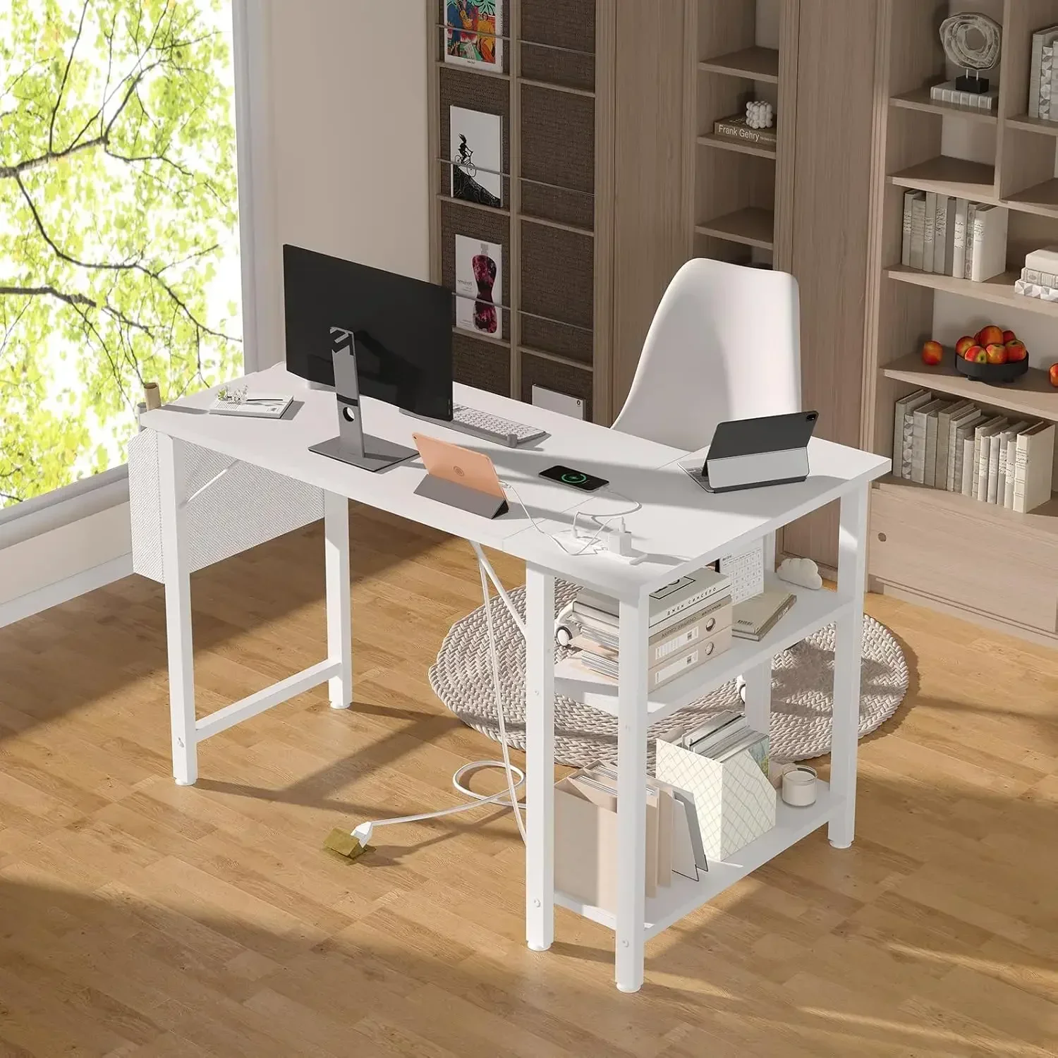White L Shaped Computer Desk with Power Outlet Shelves, 40 Inch Small Corner Desk for Small Space Home Office, Study Work