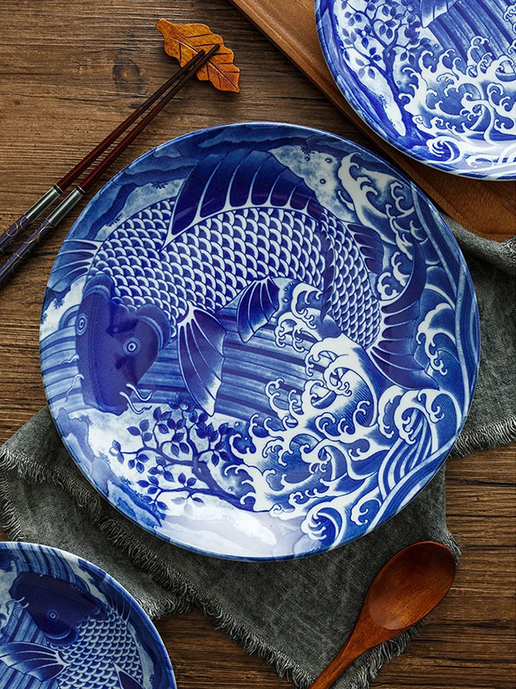 Ceramic 9.8 Inch Bowls 9.8inch Plates Made In Japan Carp Printed Under Glazed Porcelain Round Dish Home Resturant Tableware