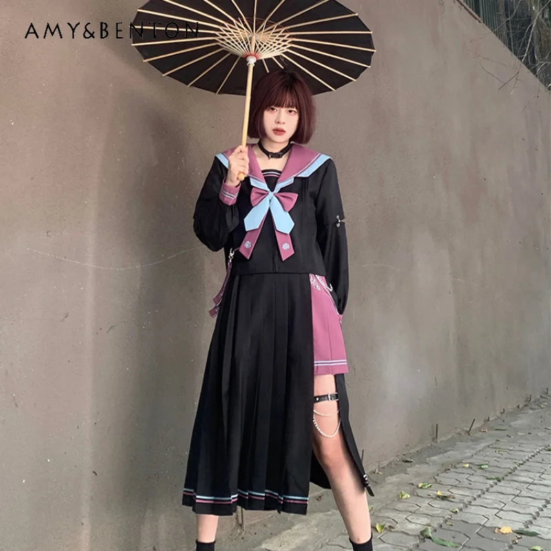 

New Japanese Style JK Uniform Original Sailor Outfits Cool and Spicy Deep Black Multi-Color Long Sleeves Top Skirt Suit For Girl