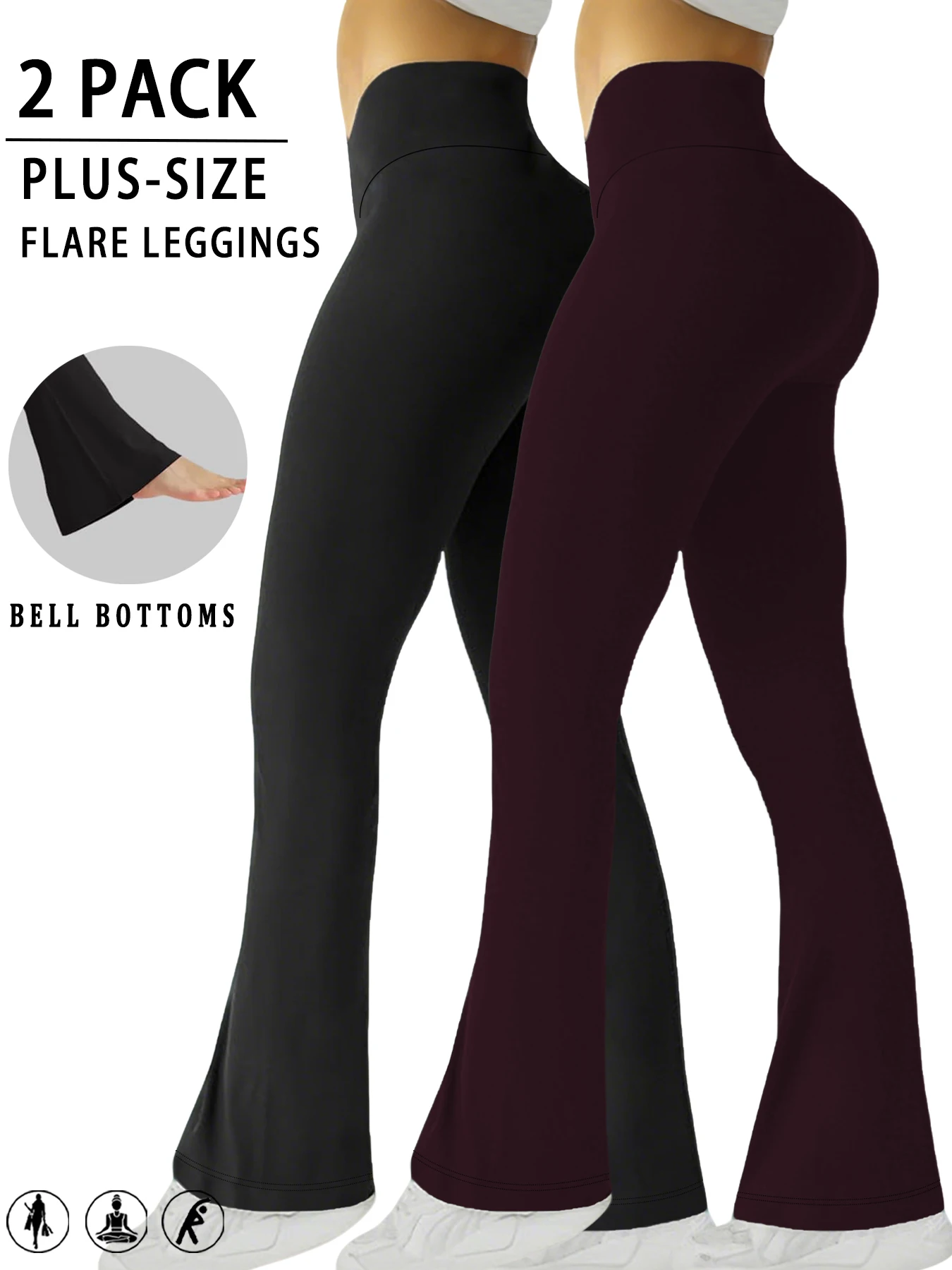 

2 Pack Plus Size Women's Super Soft High Waisted Flare Pants, Leggings Tummy Control Soft Bootleg Bell Bottoms Running