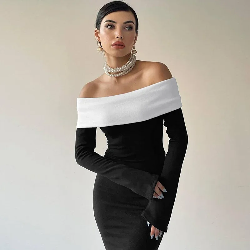 

New Fashion Women Sexy Off Shoulder Black Dress Autumn Winter Long Sleeve Bodycon Maxi Slim Fit Hip Wrap Fashion Ribbed Dresses