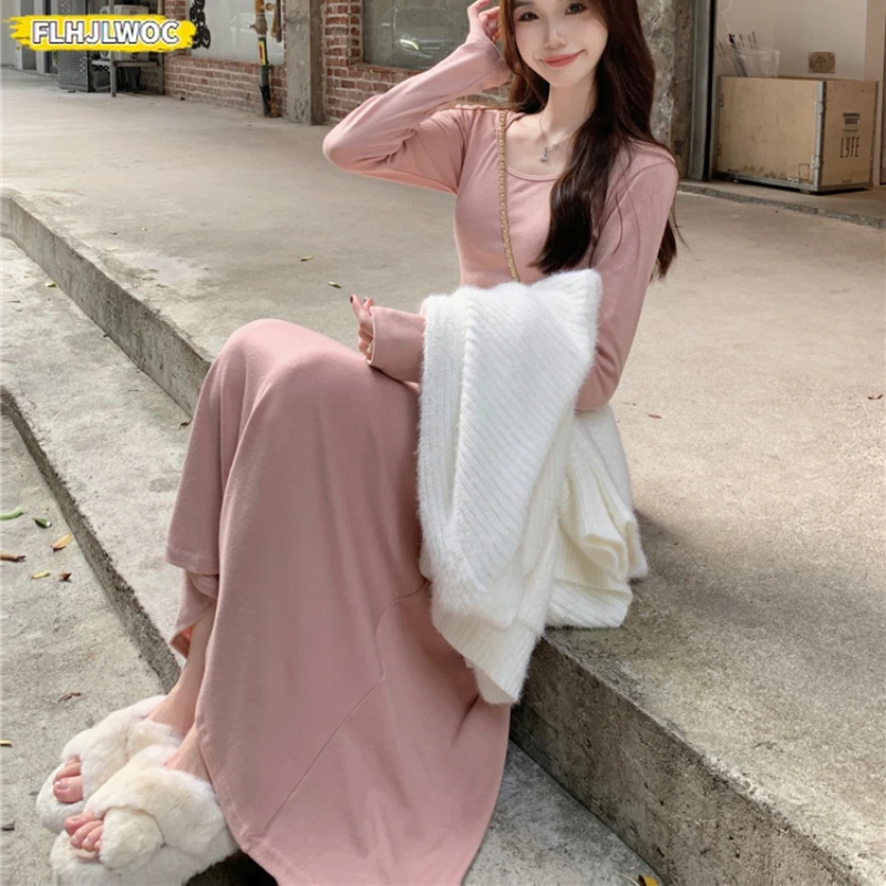 Otoño Invierno básico largo Maxi vestidos lindo dulce niñas mujeres Chic Corea Japón Casual sólido una línea rosa camiseta vestido