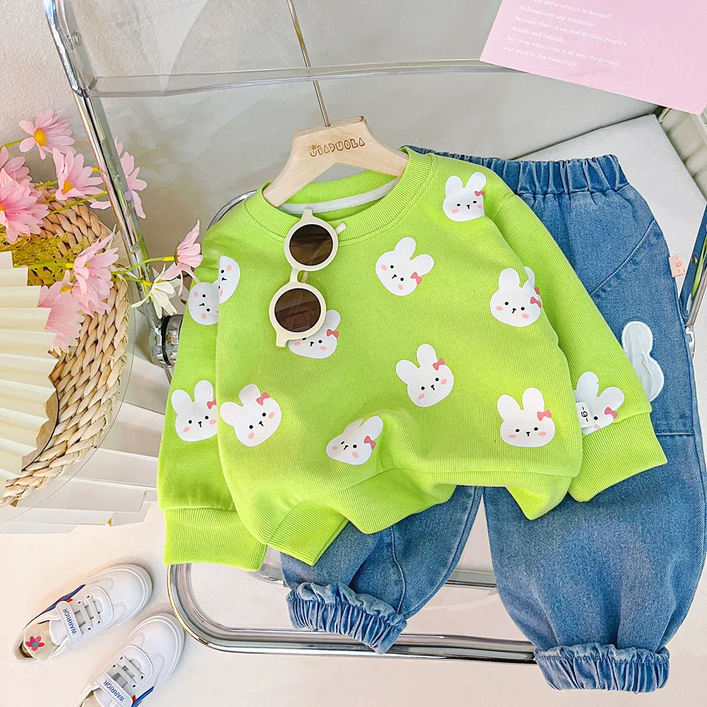 Spring Autumn Baby Boys Girls Clothing Sets Cute Cartoon Bear Rabbit Sweatshirt Tops + Denim Pants Jeans Kids Casual Clothes