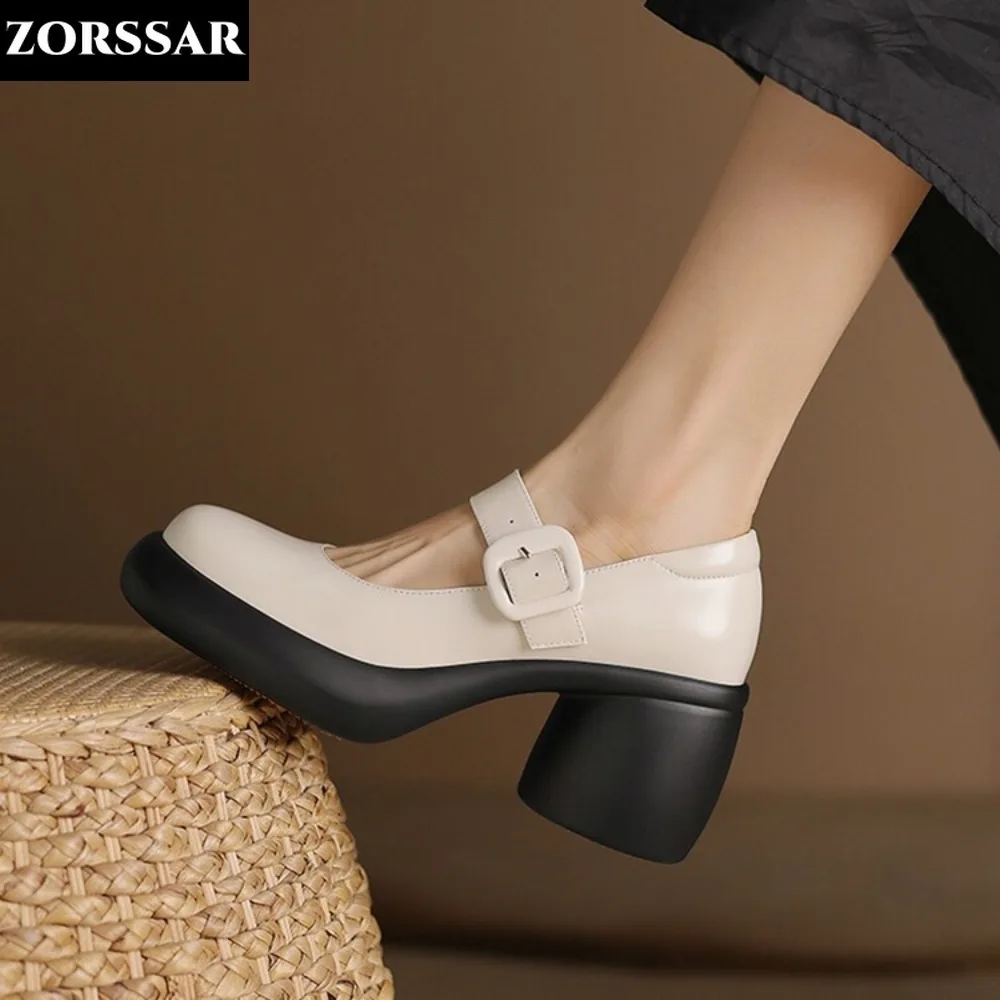 2024 Spring Autumn New Women Buckle Mary Janes Shoes Genuine Leather Dress Shoes Chunky Heel Pumps Retro Ladies Shoe Black White