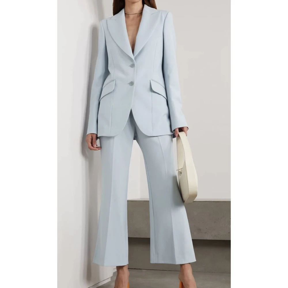 Summer Light Blue Women Suits Two Piece Elegant Peak Lapel Single Breasted Outfits Daily Casual Pants Sets (Jacket+Pants)