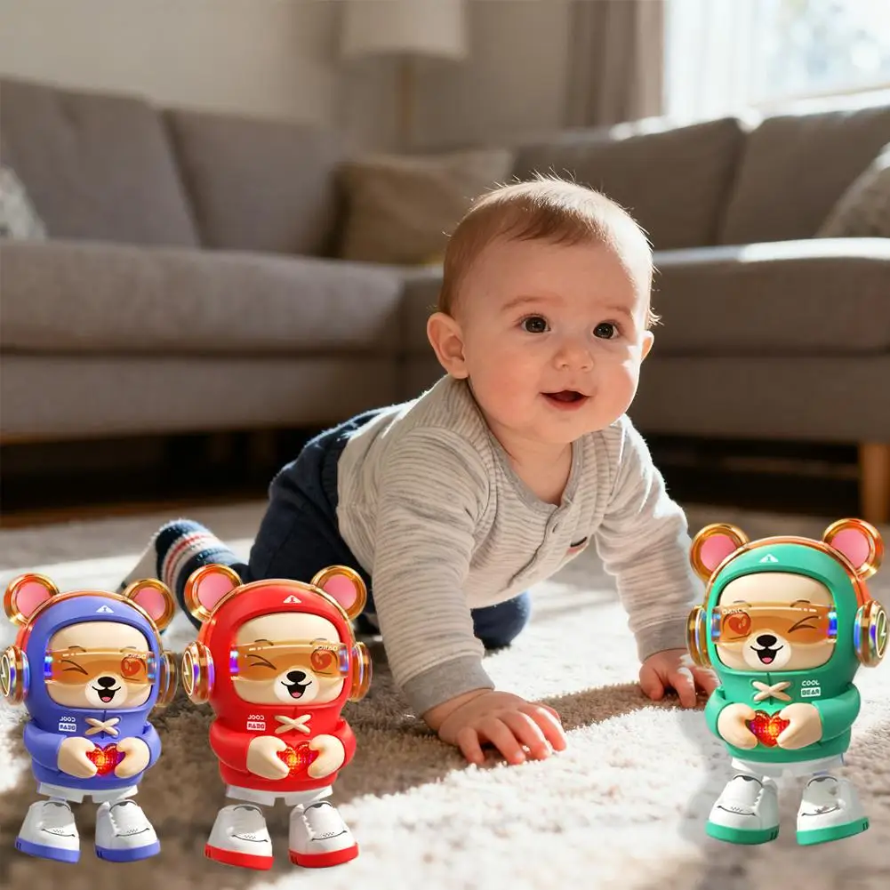 춤추는 곰 아기 드래곤 장난감, 조명 및 춤추는 로봇 모드 귀여운 모양 3세 이상 어린이를 위한 기어 스위치 2개