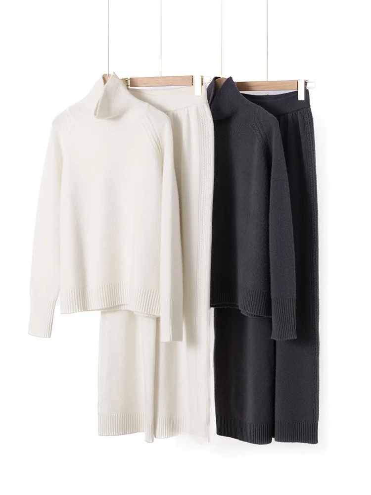 

Женские пуловеры с высоким воротником из 100% кашемира, комплект широких брюк, толстый кашемировый трикотаж, осенне-зимний свитер, комплект брюк