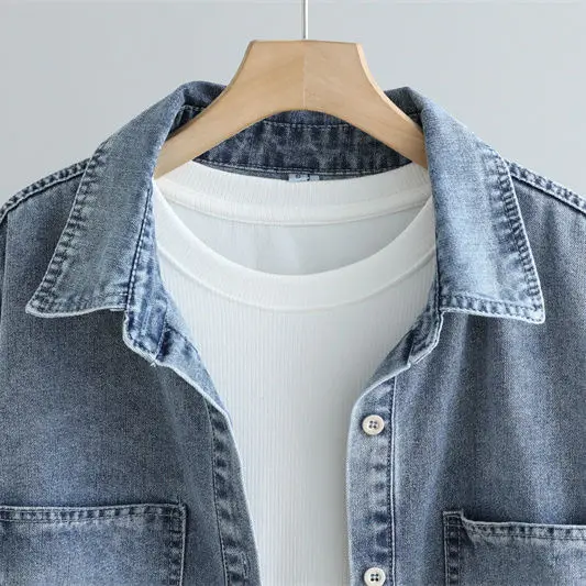 Damska koszula jeansowa vintage, sprana, z kieszeniami, zapinana na guziki, z kołnierzykiem, bluzka, topy, jesienna koszula wierzchnia, streetwear 2025