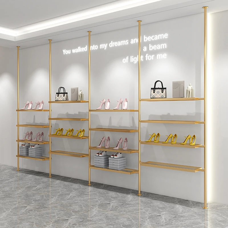 Shoe store shoe rack display rack, stainless steel titanium upper wall hanging column, clothing store shoe bag window storage