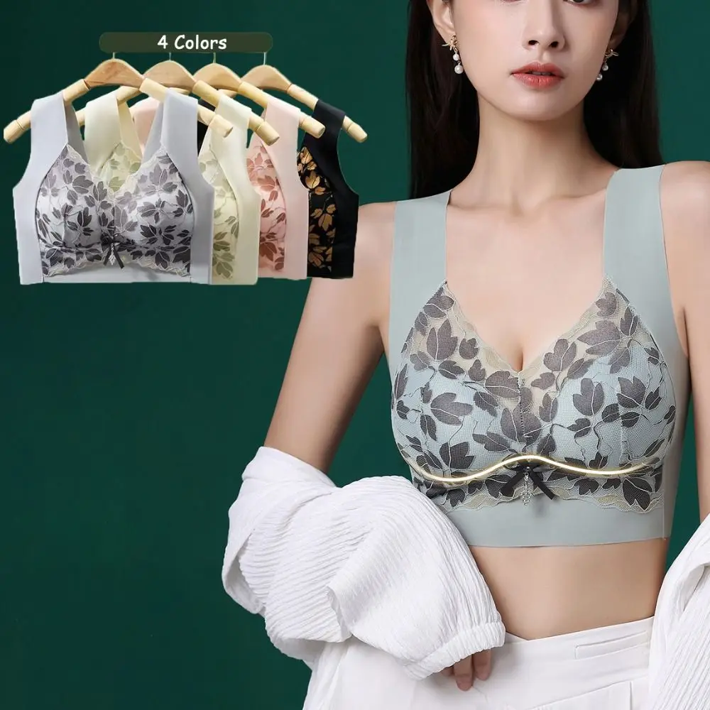 Soft Lace Deep V Bras Brassiere for Women Push Up Wireless Bras Leaf Bowknot Zircon Big Cup Shockproof Seamless Gathered Bra