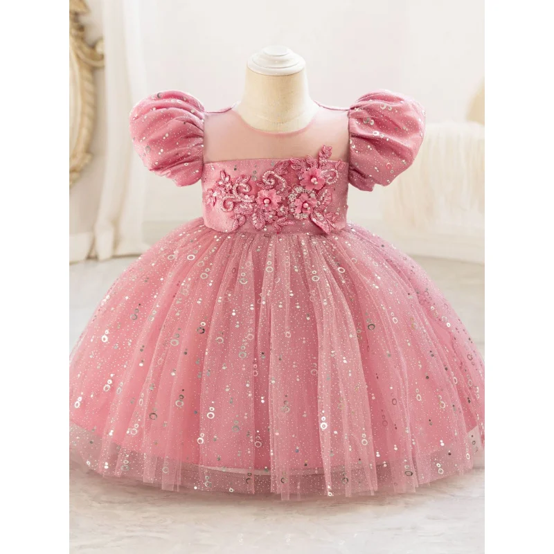2024New Style Children's Host Dress One-Year-Old Flower Girl Evening Dress Puff Sleeve Flower Princess Dress Tulle Dress In Stoc
