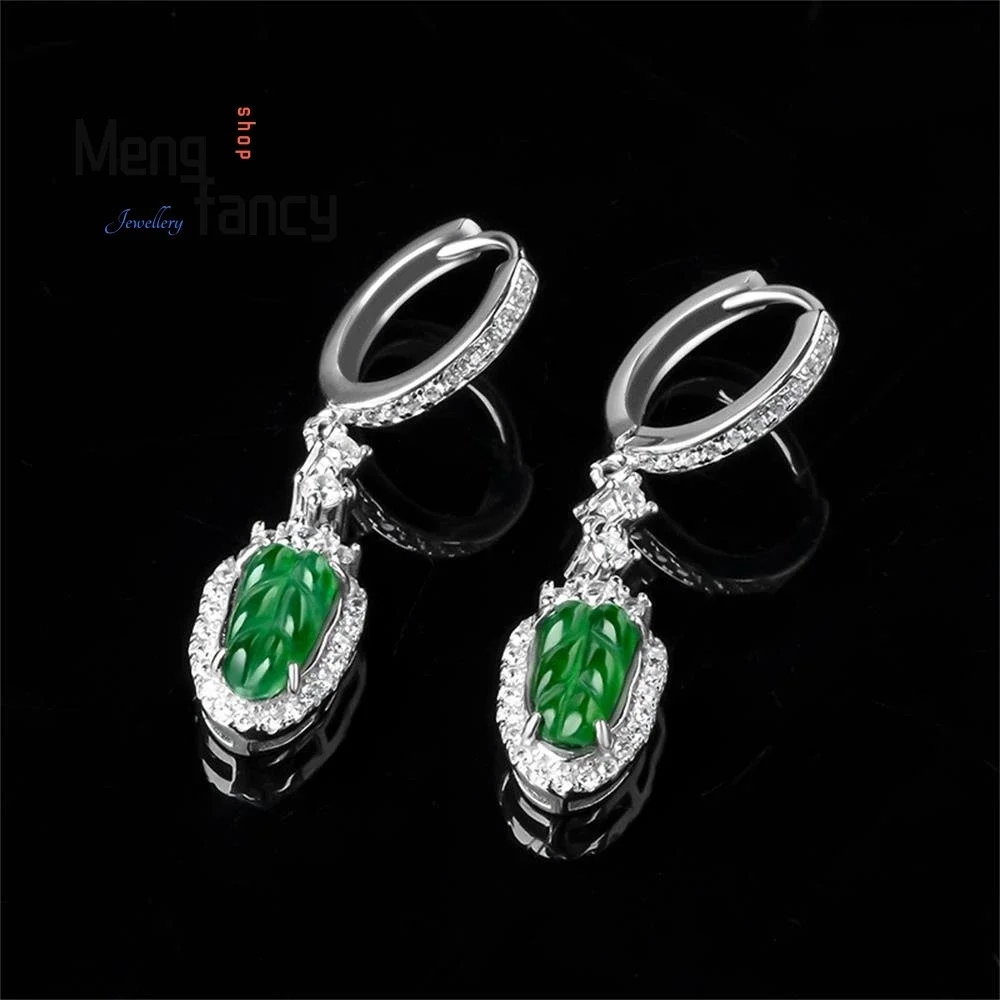 

S925 Silver Inlaid With Ice Jade Natural A-goods Jadeite Positive Green Leaves Earrings Exquisite Elegant Fashion Luxury Jewelry