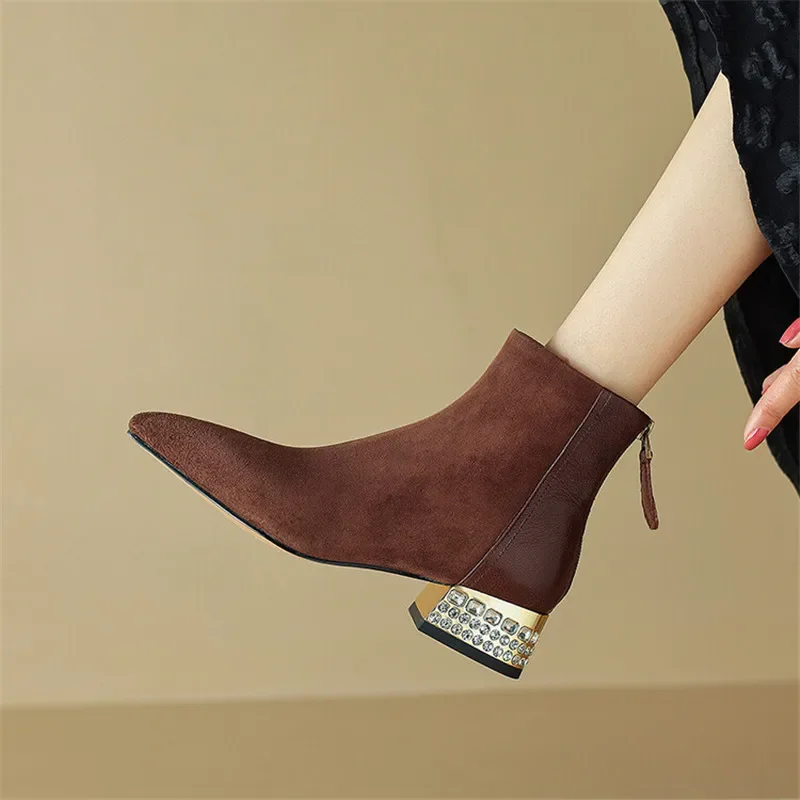 

NEW Autumn/Winter Women Boots Sheep Suede Leather Shoes for Women Ankle Boots Pointed Toe Chunky Heel Shoes Zipper Modern Boots