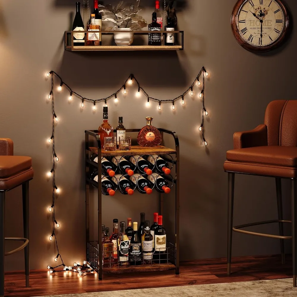 3-Tier Wine Bar Table: Small Liquor Bottle Holder with 8-Bottle Wine Rack Mini Wine Bar Cabinet Corner Whiskey Display Shelf Flo