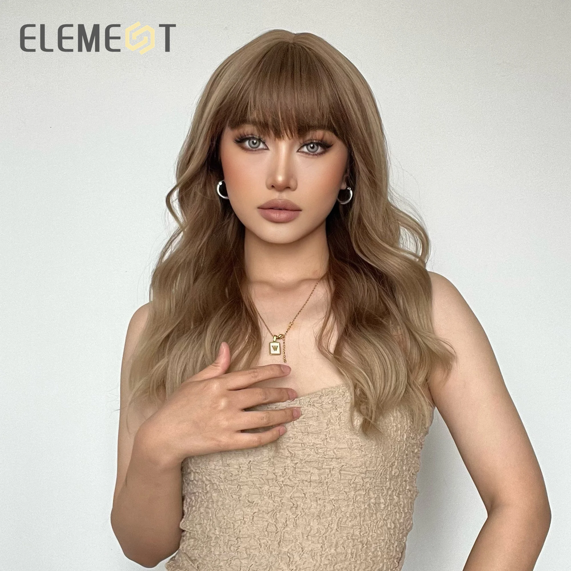 ELEMENT Synthetic Wig Long Water Wavy Ombre Brown Blonde with Bangs Wig for Women Party Daily Hair Heat Resistant Fashion