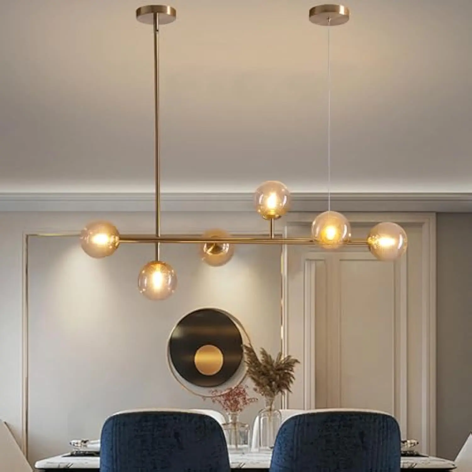 

Mid Century Modern 6 Light Globe Chandelier, Gold Brass Lighting with Gradient Glass Shades, Adjustable Hanging Light Fixture f