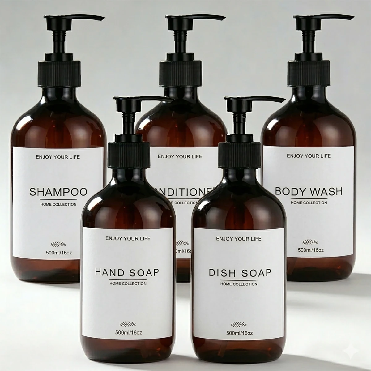 Set of 5-500ml Refillable Amber Plastic Pump Bottles Set, Empty Dispensers for Shampoo, Conditioner, Body Wash, Hand Soap, Dish